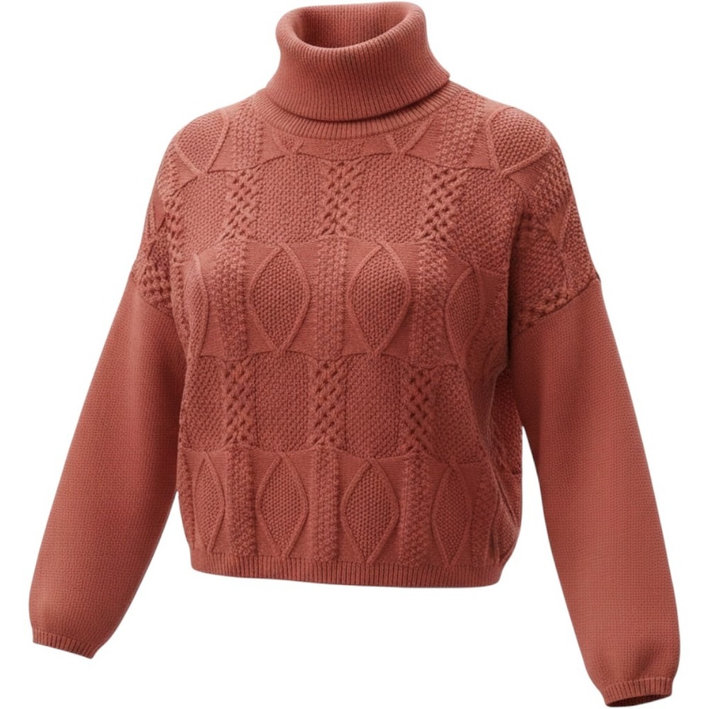 Callahan Knitwear Turtleneck Women S Rust Orange Cable Knit Cropped Fisherman